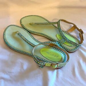 EUC Betsey Johnson light green & aurora borealis rhinestone sandals.